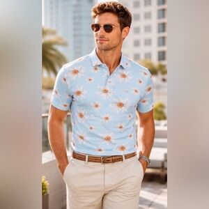 Guide London Men’s Small Light Blue Daisy Floral Polo Shirt NWT